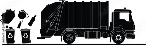 Garbage truck collecting recycling bins and various trash items demonstrating waste management and environmental cleanup