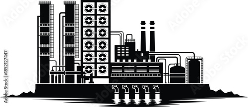 Black silhouette of a large industrial factory with cooling towers