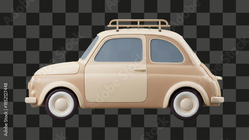 Cute 3D rendering of a small retro car, vintage beige passenger automobile with roof rack, minimalist cartoon style transportation object