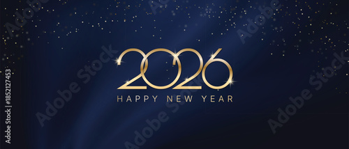 Happy New Year 2026 luxury gold typography on dark blue background with sparkling stars, elegant celebration banner, vector