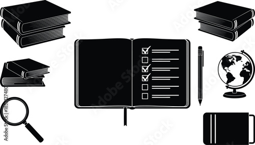 Set of black and white office supplies for education and business isolated on transparent background