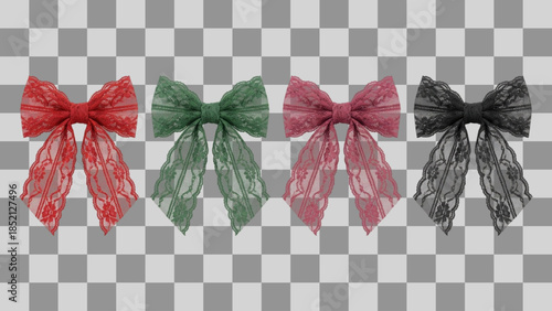 Set of four realistic lace bow ties or ribbons, red green pink and black colors, detailed feminine textile accessories