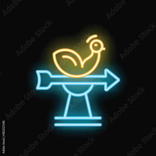 Neon glowing icon of a grilled chicken restaurant logo, with a whole chicken on a spit over a fire