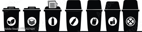 Set of recycling bins with different waste symbols and icons