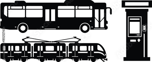 Public transportation vehicles bus tram and ticket machine silhouette
