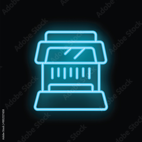 Bright blue neon sign representing a store open at night, with its awning and illuminated windows