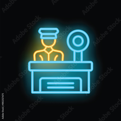 Neon sign of a border guard officer sitting at passport control desk, checking documents of passengers at border crossing point