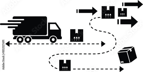 Logistics and delivery concept showing a fast moving truck with packages following a dashed route