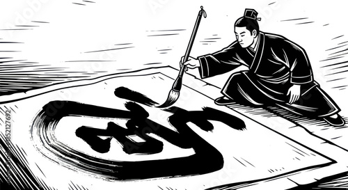 Ancient Calligrapher Focused on Writing Chinese Characters with Brush.