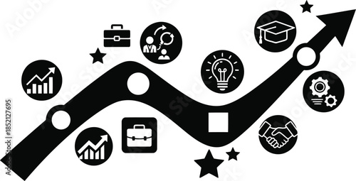 Road to success concept with business icons and arrow showing growth and development path for career progression