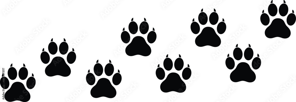 Fototapeta premium Animal Paw Print Icon Set Showing Dog Cat Footstep Silhouettes – Vector Illustration