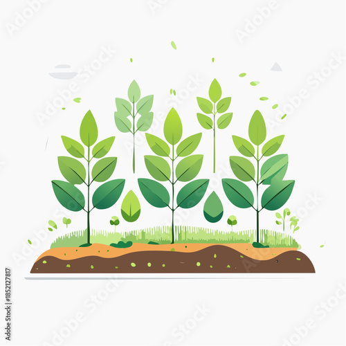 Green plants growing in soil. Young seedlings with leaves. Vector illustration of sprouts. Growth and nature concept. Environmental and ecological theme. Fresh and healthy plants. Garden