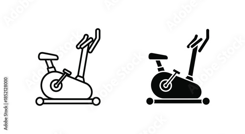 Two exercise bike icons one outlined and one filled showcasing gym equipment silhouette