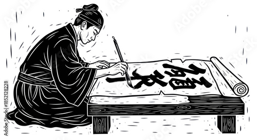 Ancient Asian Calligrapher Writing on Scroll with Brush.