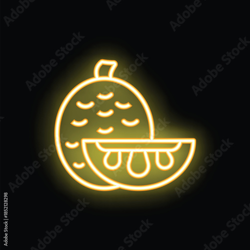 Glowing neon sign showing a melon cut in half with juicy flesh