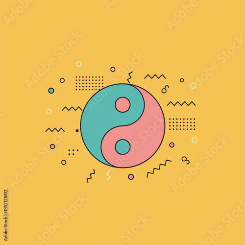 Yin Yang Symbol in Teal and Pink with Decorative Elements.