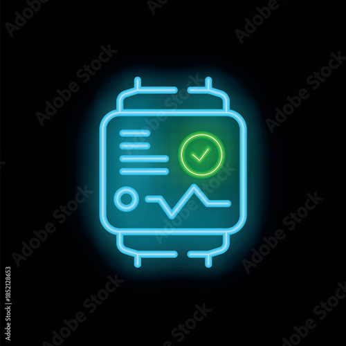 Neon smartwatch displaying successful data synchronization with a green check mark, ideal for tech and innovation concepts
