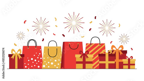 Festive Shopping Bags and Gifts with Celebration Elements.