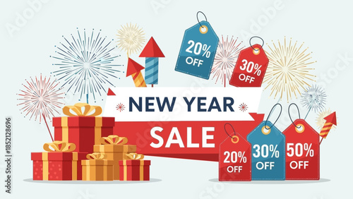 New Year Sale Banner with Gifts and Discounts.
