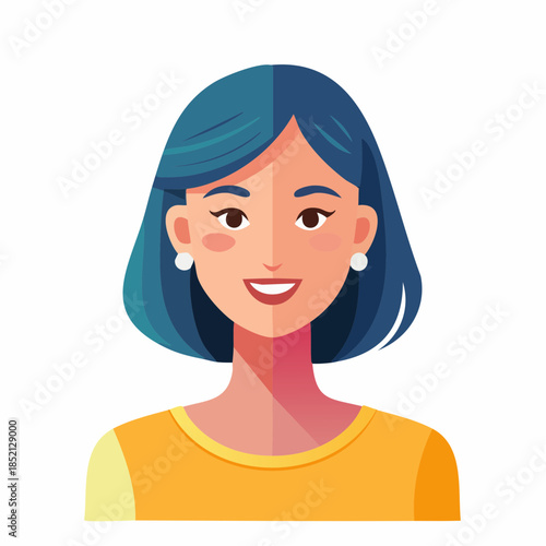 Smiling woman portrait. Cartoon illustration of woman with blue hair. Female character with yellow shirt. White background. Vector design.