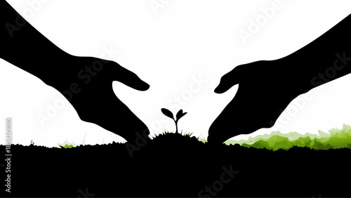 Close-up Vector Illustration of Hands Planting a Small Seedling in Rich Soil, Sustainability and Environment Growth Concept