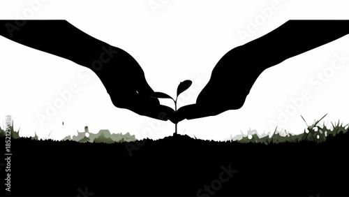 Artistic Vector Graphic of a Person's Hands Gently Planting a Young Sapling, Symbolizing New Beginnings and Environmental Care