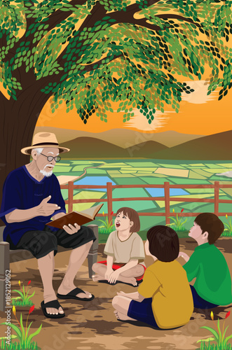 Grandpa is telling stories to the children under the tree.vector design