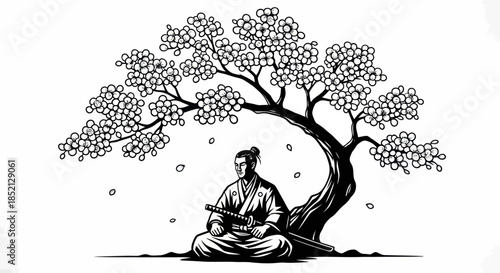 Samurai warrior meditating peacefully under a blooming cherry blossom tree.