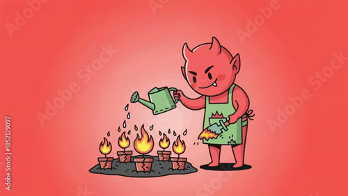 Cute devil character nurturing burning plants with watering can