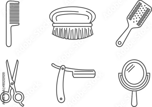 Collection of essential grooming and hair styling tools, depicted in clean line art style.