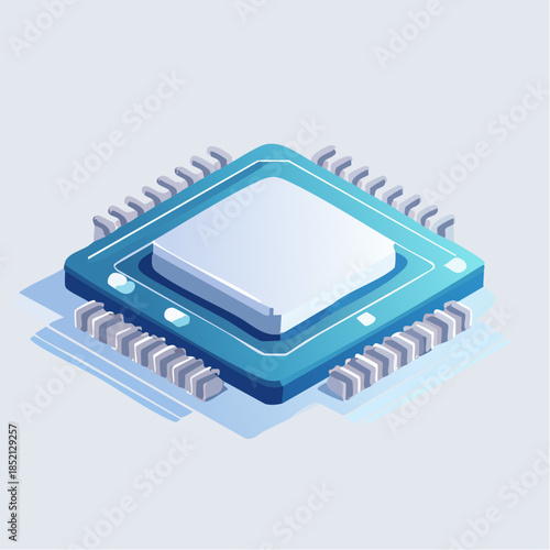 Microchip illustration. CPU or central processing unit. Electronic component. Vector design. Blue and white color. Technology icon. Isometric style. Electronic part. Chipset. Semiconductor.