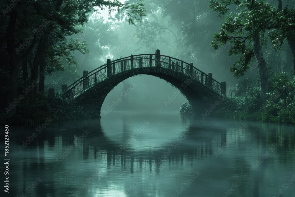 Fototapeta premium Misty evening over a tranquil bridge in a serene forest setting