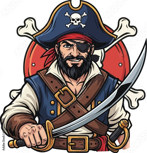 Pirate captain with sword and skull emblem on his hat ready for adventure