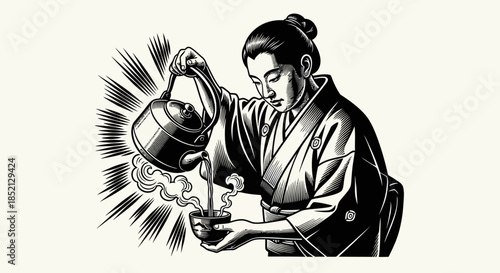 Japanese woman in kimono pouring tea with focused expression.