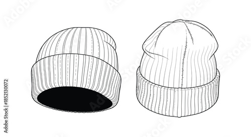 Two knitted winter beanies in a black and white sketch a distinct silhouette