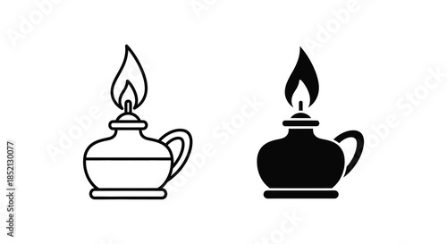 Two oil lamps with distinct shapes are shown in a black and white silhouette