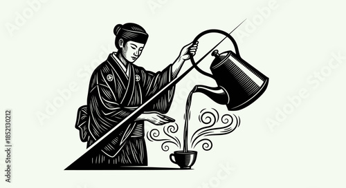 Japanese tea ceremony illustration depicts traditional pouring ritual.