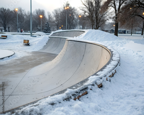 Empty skatepark covered in fresh snow during a cold winter day.