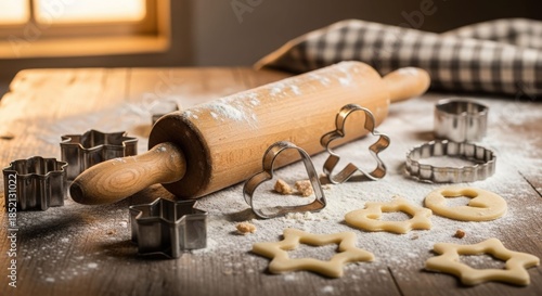 Cozy rustic baking: homemade cookies preparation with rolling pin, flour, and festive cookie cutters.