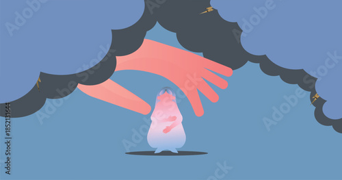 Conceptual illustration of a helping hand reaching through dark clouds to support a vulnerable figure, symbolizing depression recovery and emotional help.