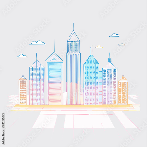 City skyline. Urban landscape. Modern buildings. Skyscrapers. Cityscape illustration. Line art. Colorful. Gradient. Vector. White background.