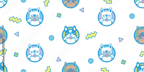 dog seamless pattern french bulldog cartoon doodle polka dot triangle square half tone retro funny puppy pet gift wrapping paper tile background repeat wallpaper illustration animal