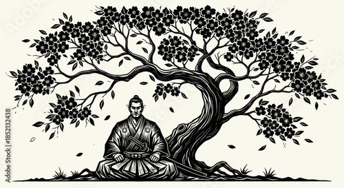 Japanese man meditating under a blossoming tree in traditional ink wash style.