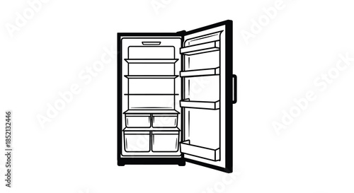 Open refrigerator with empty shelves and interior details a stark black silhouette