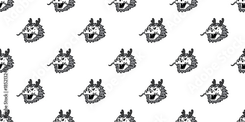 dragon seamless pattern chinese new year vector cartoon character face head monster doodle tile backgroud gift wrapping paper repeat wallpaper scarf isolated illustration design