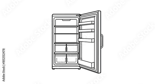 Open refrigerator with empty shelves depicted in a simple black and white silhouette