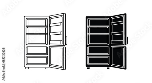 Two refrigerators one outlined and one solid both with doors open silhouette