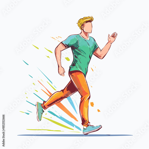 Man running. Athletic male. Fitness illustration. Vector graphic. Colorful motion lines. Sports icon. Active lifestyle. Running man. Fitness concept. White background.