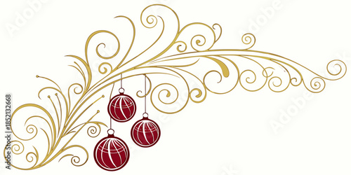 Elegant Christmas decoration with golden floral swirls and red hanging baubles isolated on white background vector