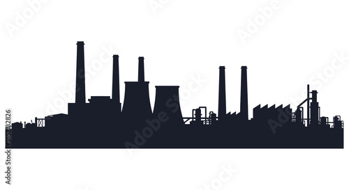 Industrial landscape with multiple smokestacks emitting pollution against a cloudy sky silhouette